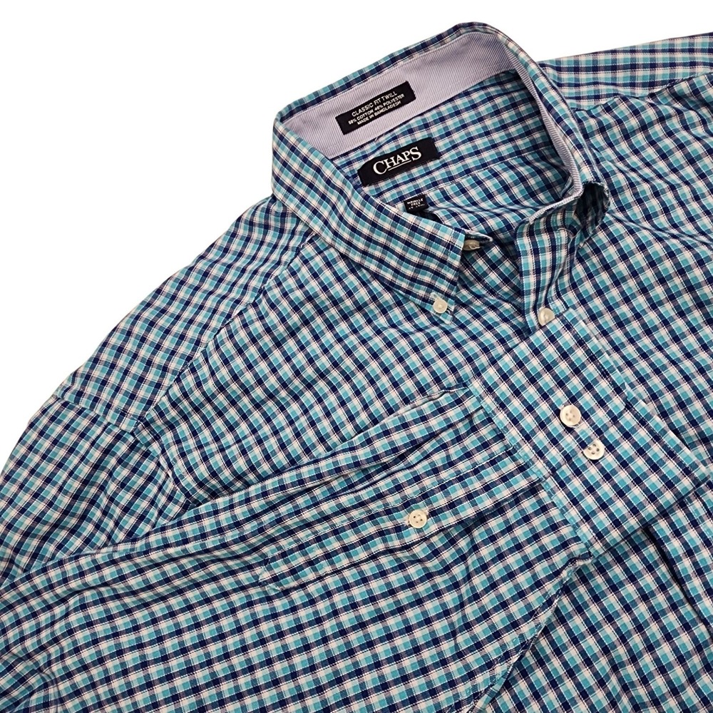 Chaps Mens 17 17.5 Blue Plaid Button Down Shirt Wrinkle‎ Resistant Classic Fit